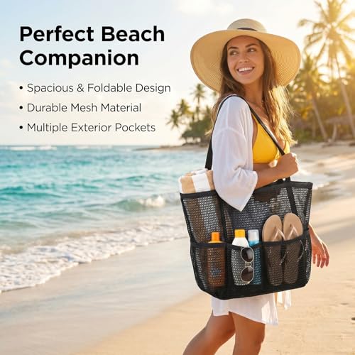 BOBPPOP Black 5-Pocket Foldable Mesh Beach Tote for Women, Water-Resistant Sand-Proof Cruise Essentials Bag, Travel Pool V...