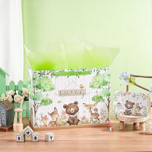 Loveinside Hello Baby Gift Bag for Newborn Baby Boy Girl, Cute Bear Deer Woodland Animal Design, Medium Size Bag with Tiss...