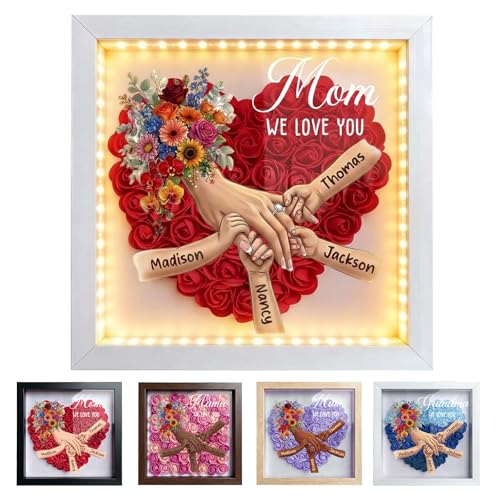 Personalized Mommy Holding Hands Flower Shadow Box with Ring & Manicure Custom Names Floral Heart Frame, Premium Gift for ...