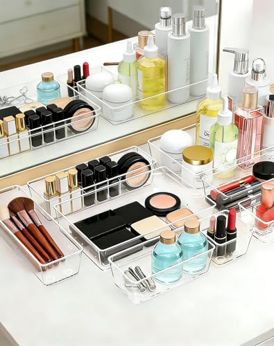 VEXTHYX Clear Plastic Drawer Organizers Set of 45 Vanity trays Stackable Storage Bins Dividers Bathroom Organiser Storage ...