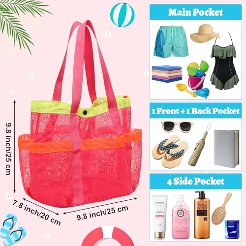 GQIRIL Mesh Beach Bag, Foldable Waterproof Sandproof Beach Storage Tote with 6 Pockets, Swim Tropical Vacation Pool Essential