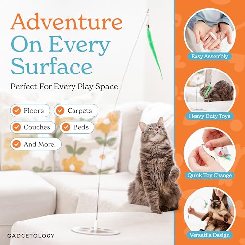 18-Piece Interactive Cat Toys for Indoor Cats -PATENTED Heavy Duty Self-Holding Floor Base & Suction Cup - Durable Feather...
