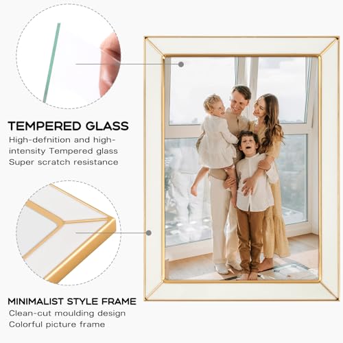 Frametory Enamel Picture Frame - 5x7 Gold Metal Edge White Enamel Picture Frame With Easel and Velvet Back for Tabletop Di...