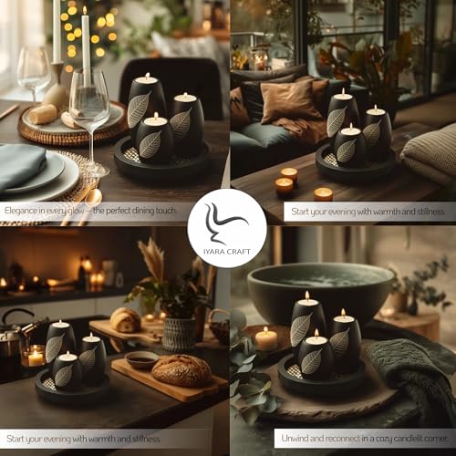 IYARA CRAFT Candle Holder Set with Tray – 3 Handmade Wood Tealight Holders, Black Leaf Design, Winter Home Décor, Spa-Insp...