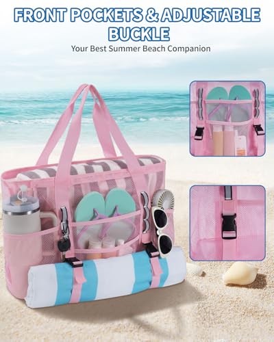 WANDF Mesh Beach Bag for Women, Large Beach Tote Bags with 40oz Tumbler Side Pockets, Family Pool Bag for Swim Toys Towels...