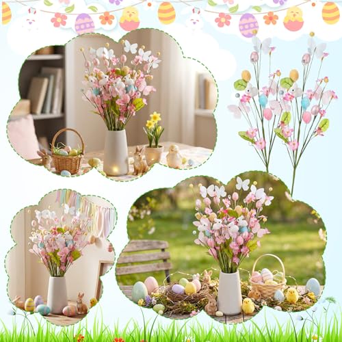 Maysing 12 Pcs Artificial Easter Bunny Picks Stems Spring Berry Floral Tree Branches with Easter Egg Twig Branches Butterf...