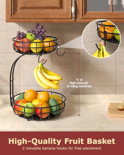 Sevenblue 2 Tier Large Fruit Basket for Kitchen Counter with Removable Banana Hanger - Sturdy Iron Fruit Bowl for Kitchen ...