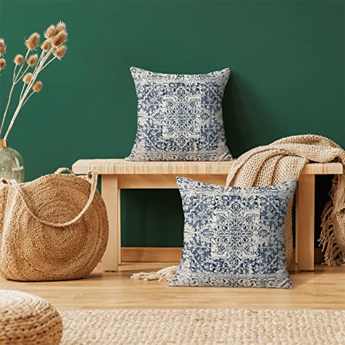 Gohdiwh Boho Pillow Covers 16x16 Set of 2, Ethnic Design Decorative Throw Pillows Linen Blue Carpet Pattern Farmhouse Cush...