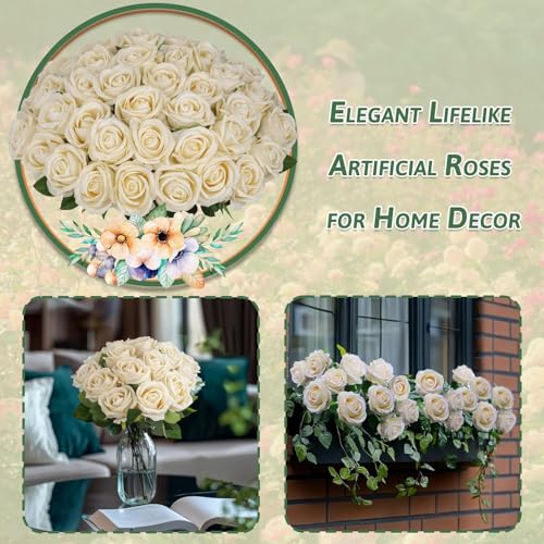 100 PCS Fake Champagne Roses, Artificial Champagne Flowers Bulk Realistic Silk Faux Rose with Stems for Wedding Decoration...