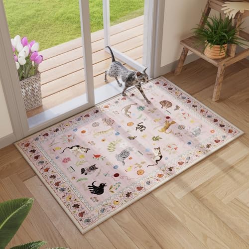 Rugcomf Door Mat Indoor Entrance 2x3 Rug Machine Washable Boho Floral Animal Cat Small Area Rug Non-Slip Low Pile Throw Ru...
