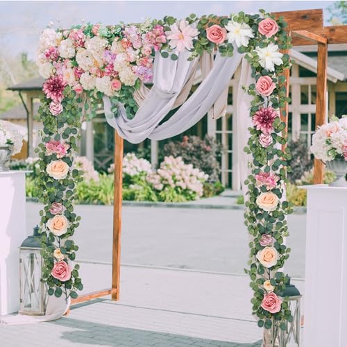 Waipfaru Flower Garland Decorations, 6.07Ft Pink Floral Rose Garland, Artificial Eucalyptus Greenery Vines with Flowers fo...