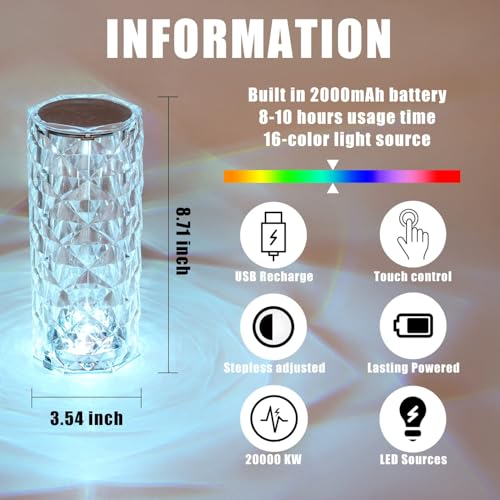 BGFHome Crystal Table Lamp RGB Color Changing Night Light,Romantic LED Rose Diamond Touch Lamps for Living Room (Remote & ...