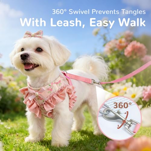 ABRRLO Small Dog Harness and Leash Set Soft Breathable Mesh No Pull Puppy Harness with Bowknot Adjustable Cute Pink Dog Ve...