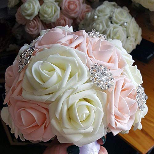 Higfra Artificial Flowers 25pcs Real Looking Blush Foam Fake Roses with Stems for DIY Wedding Bouquets White Bridal Shower...