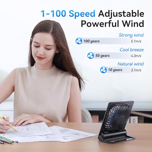 Desk Fan, 6.61''Ultra-thin 5000mAh Battery Powered Fan with Powerful Wind,100 Speeds Adjustable&Digital Display,Timer,Ultr...