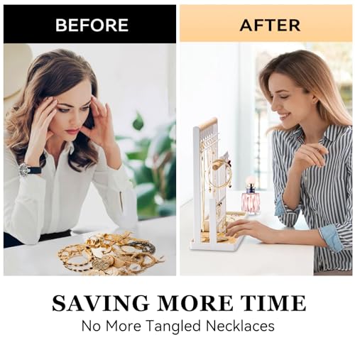 DreamGenius Jewelry Organizer Stand with Velvet Ring Holder, 4 Tier Jewelry Holder Organizer with 15 Hooks for Necklaces a...