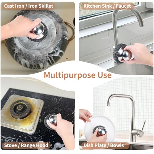 5Pcs Steel Wool Scrubber with Replacement Wire Sponge Pads Set, Stainless Steel Scrubber with Handle for Scouring Stubborn...