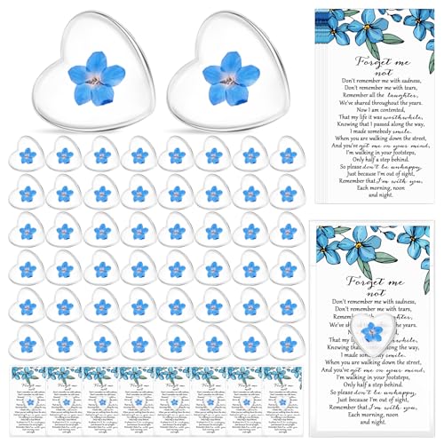 Cunno 100 Sets Forget-me-not Flower Gift Set, Heart-shaped Dried Pressed Flower Keepsakes with Sympathy Cards and Bags, Me...