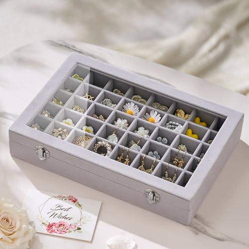 48 Grid Earring Organizer and Storage: Velvet Jewelry Tray with Lid, Jewelry Box for Studs, Earrings, Rings, Necklaces, Dr...