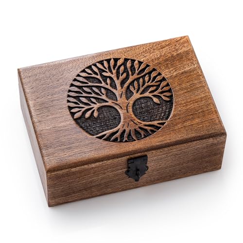 inanosa Handmade Mango Wood Tree of Life Jewelry Box, 7x5 inch Hand Carved Keepsake Box & Organizer, Unique Gift for Men &...