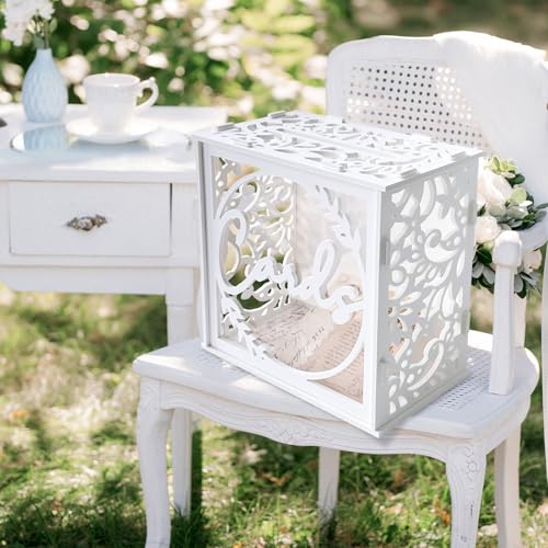OurWarm White Wedding Card Box for Receptions, PVC Gift Card Box for Wedding with Acrylic Windows, Rustic Envelope Money G...