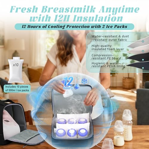 Breast Pump Bag with Insulated Cooler, Double-Layer Pumping Bag for Work & Travel, Fits Most Electric Breast Pumps, Includ...