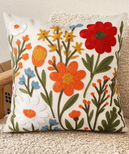 Kokaaee Embroidered Throw Pillow Cover 18x18 Inch - Spring Summer Boho Decorative Pillow Cover with Zipper for Living Room...