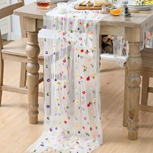 Artoid Mode Milky White Wildflower Floral Gauze Embroidery Table Runner 120 Inch 10FT, Tulle Seasonal Spring Kitchen Dinin...