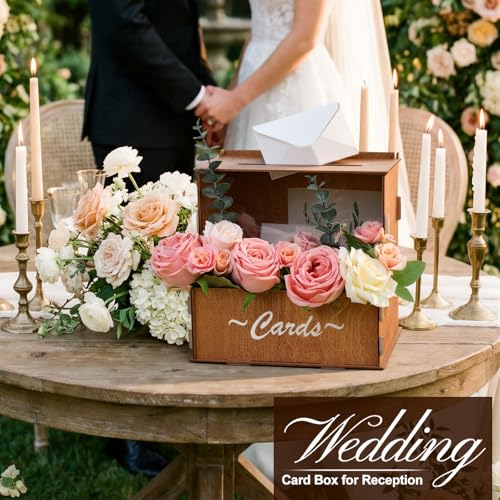AceOrbit Wooden Rustic Wedding Card Box for Reception with Acrylic Window & Flower Holder, 9.8" Wood Money Gift Card Box w...