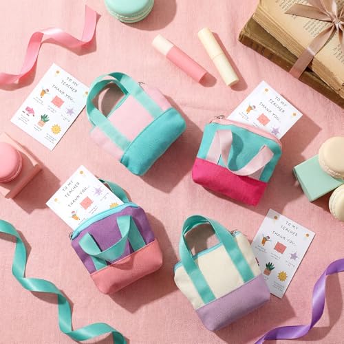 4 Sets Teacher Appreciation Gift Bags Mini Canvas Tote Bags Card Holder Mini Coin Purses with Thank You Cards for Women Ba...