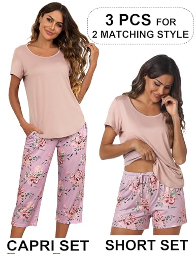 Ekouaer 3 PCS Capri Pajamas for Women Set Short Sleeve Pajama Sets Floral Pj Sets Soft Sleepwear with Pockets