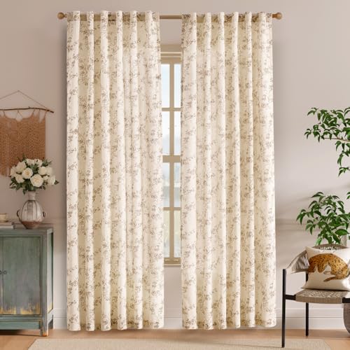 Lazzzy Taupe Floral Linen Curtains 84 Inch Farmhouse Curtain Back Tab Drapes for Living Room Bedroom Light Filtering Vinta...