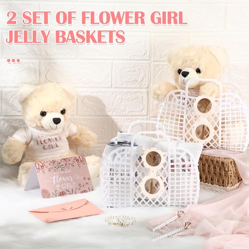 Sieral 18 Pcs Flower Girl Gift Set Jelly Basket Tumbler Bear Sunglasses Canvas Bag Bracelet Card Pen Envelope for Wedding ...