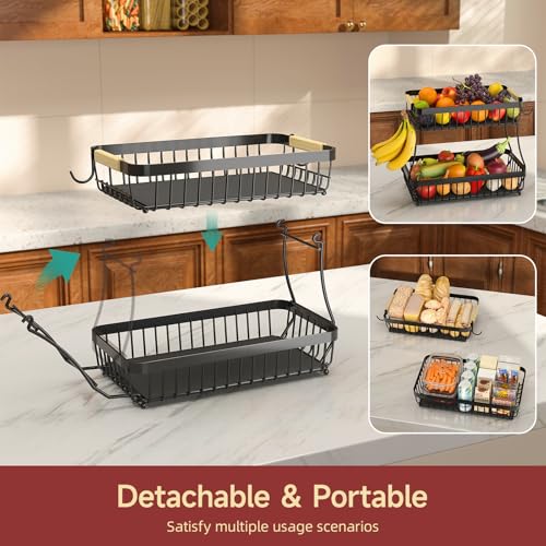 Sevenblue 2 Tier Large Fruit Basket for Kitchen Counter with 2 Mobile Banana Hangers, 2026 Pro Detachable Metal Fruit Bowl...