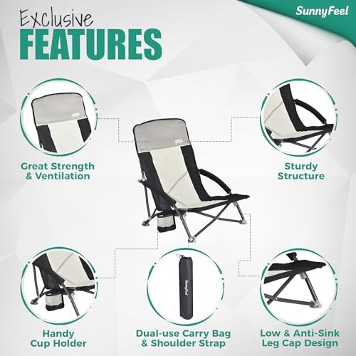 SUNNYFEEL Folding Low Camping Beach Chair 2 Pack, Lightweight Portable Lawn Chair with Mesh Back, Cup Holder for Outdoor/T...