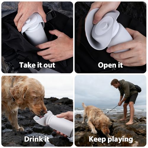 Jalopink Portable Dog Water Bottle, 2-in-1 Leak Proof & Collapsible Silicone Pet Dispenser with Built-in Bowl, Food Grade ...
