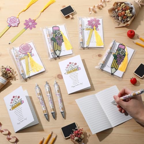 FunooFuno 36 Pcs/12 Sets Teacher Appreciation Gifts Bulk Pencil Shaped Flower Bookmarks with Tassels Mini Notebooks Small ...