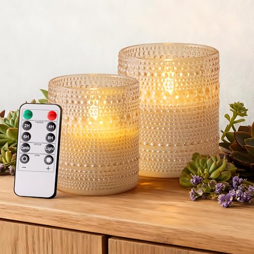 Velsyn Dotted Glass Flameless Candles with Remote Timer, Real Wax Battery Operated LED Pillar Candles with 3D Flickering F...