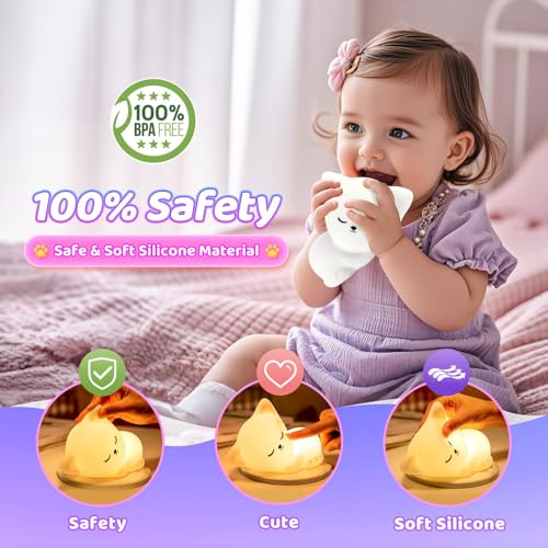 Night Light for Kids,16 Colors Cat Lamp Cute Lamp,Dimmable Baby Night Lights for Nursery,Silicone Rechargeable Nightlight ...