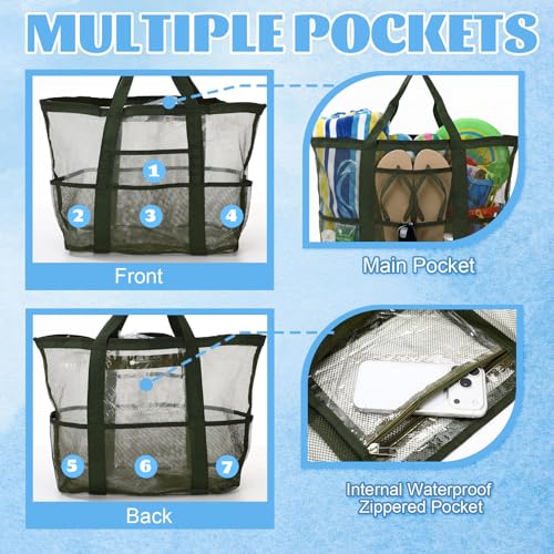 Hsei 10 Pack Mesh Beach Bags Bulk for Women Waterproof Large Pool Tote Bag with 8 Pockets & Reinforced Handles Toy Bags fo...