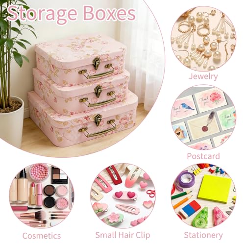 Cheardia 3 Pack Paperboard Suitcases Storage Box, Decorative Storage Boxes Gift Boxe With Lid, Stackable Cardboard Trunk f...