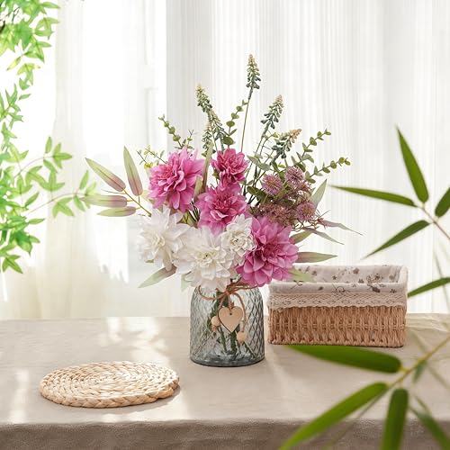 LUEUR Artificial Dahlia Flowers with Vase – Rose Red Faux Flower Arrangement, Romantic Floral Centerpiece Table Decoration...