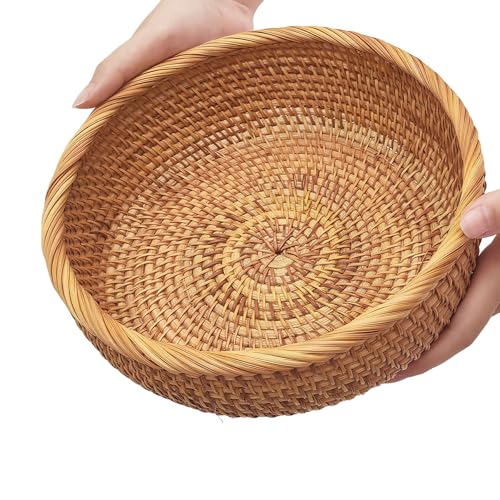 9.2" Medium Round Rattan Wicker Bread Basket, Natural Fruit Basket for Kitchen Counter, Hand Woven Food Baskets, Artisanal...