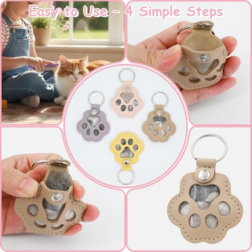 Evowatt 4pcs Pet Paw Shape Leather Keychains, Handmade Fur Keepsake for Cats and Dogs, Unique Pet Hair Memorial Key Rings,...