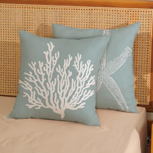 GOLIANDA Coastal Pillow Covers 18x18 Inch Set of 2 Blue Coral Starfish Throw Pillows Nautical Ocean Decorations Summer Lin...