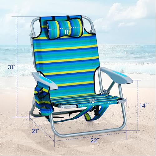 Canpsky 2PCS Portable Beach Chair for Adults, Outdoor Lightweight Camping Chair, 5-Position Lay Flat Reclining Backpack Be...