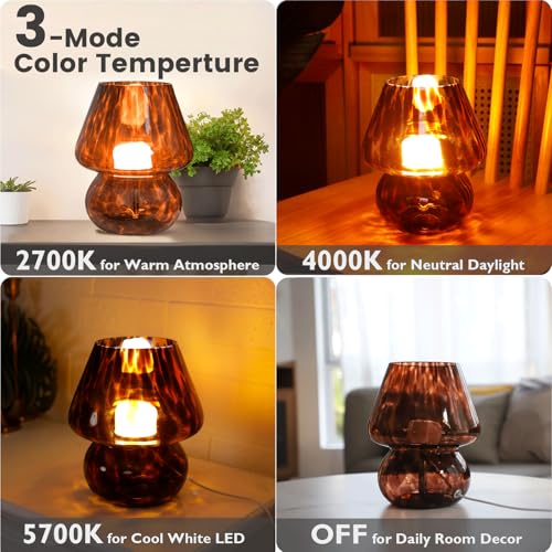 ULAROOM USB Plug-in Vintage Mushroom Lamp Small Bedside Table Lamp with 3 Temperature LED Bulb,Free Dimming Nights Light f...