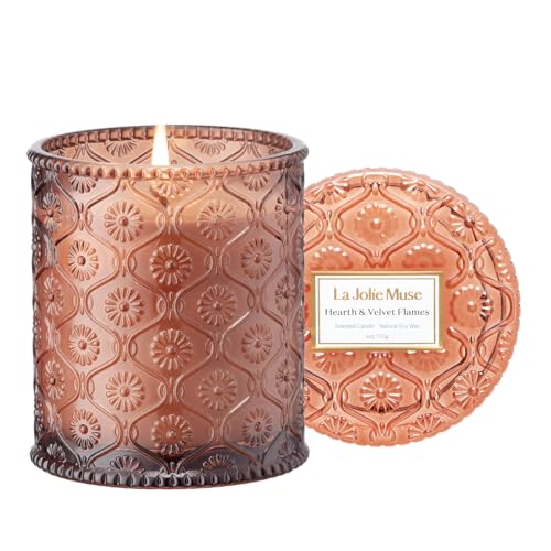 LA JOLIE MUSE Hearth & Velvet Flames Candle - Saffron, Clove, Vanilla | 6 oz Natural Soy Wax | 40 Hours Clean Burn | Elega...
