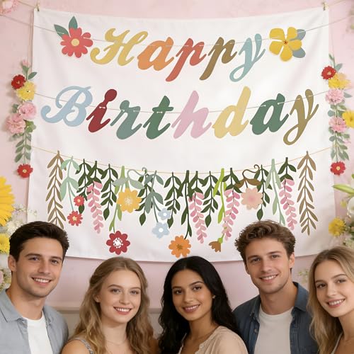 3 Pcs Flower Happy Birthday Decorations Hanging Paper Flower Garland Banner Spring Birthday Banner Groovy Boho Floral Part...