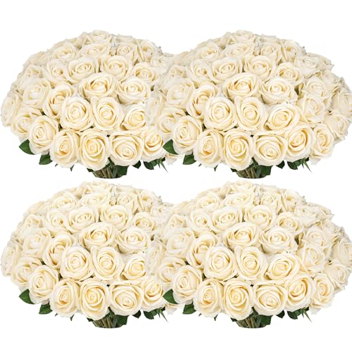 100 PCS Fake Champagne Roses, Artificial Champagne Flowers Bulk Realistic Silk Faux Rose with Stems for Wedding Decoration...